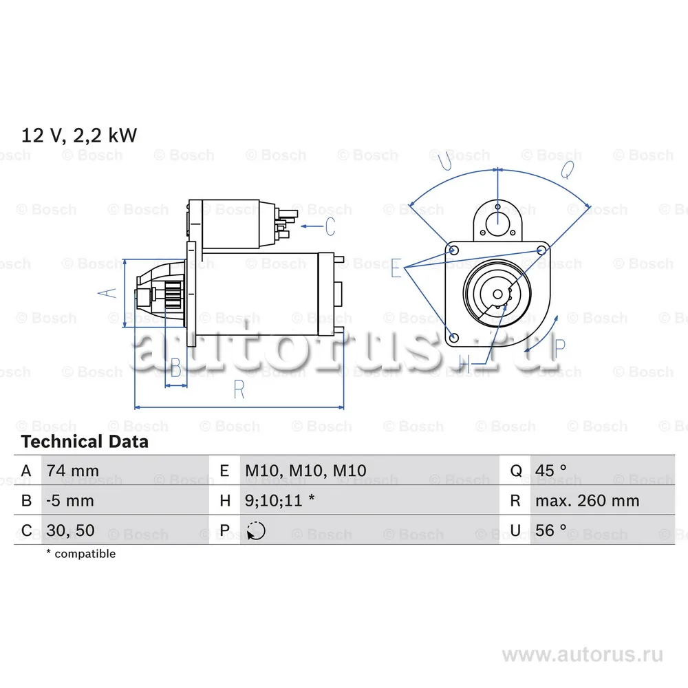 Стартер! 2.2Kw Peugeot Boxer, Citroen Jamper 2.5D/TD 94-02 BOSCH 0 986 016 950