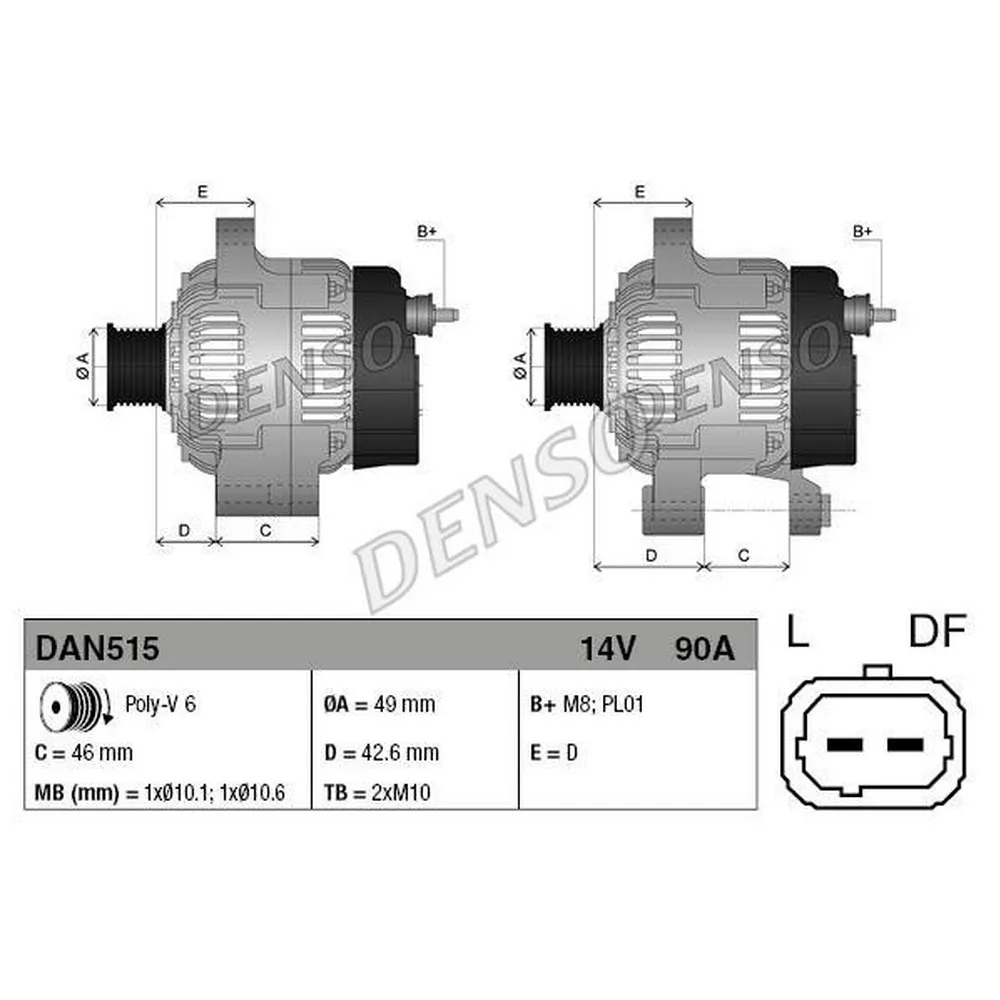 Генератор 14V 90A DENSO DAN515