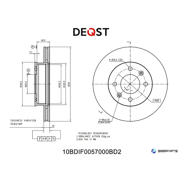 Диск тормозной, передний, HYUNDAI SONATA IV, V 98-, HYUNDAI TUCSON (JM) 04-K DEQST 10BDIF0057000