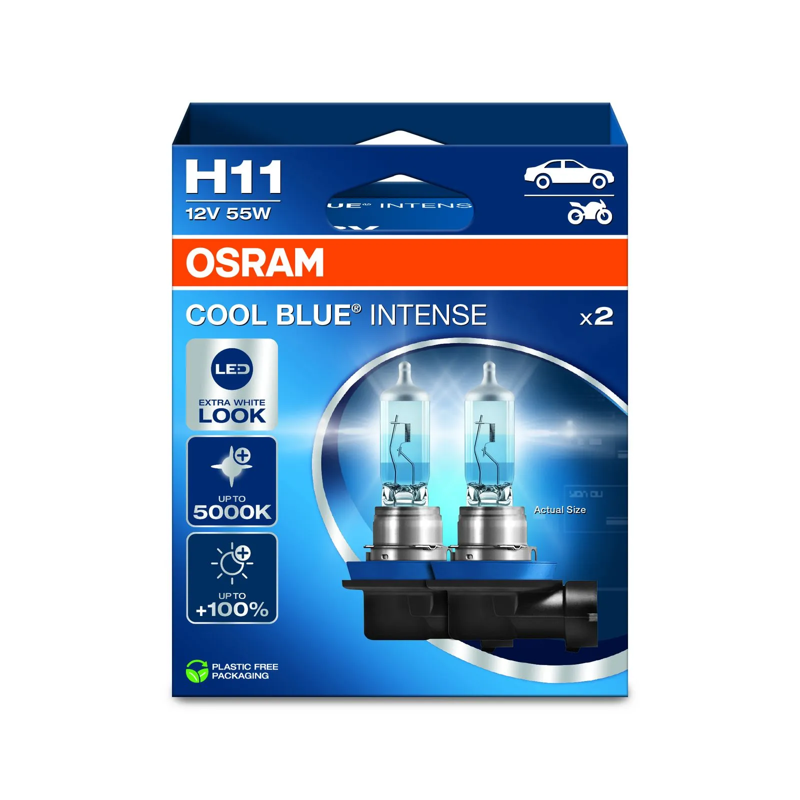 Автомобильная галогенная лампа OSRAM H11 12V 55W PGJ19-2 5000К COOL BLUE INTENSE (комплект 2 шт) 64211CBN-2HB