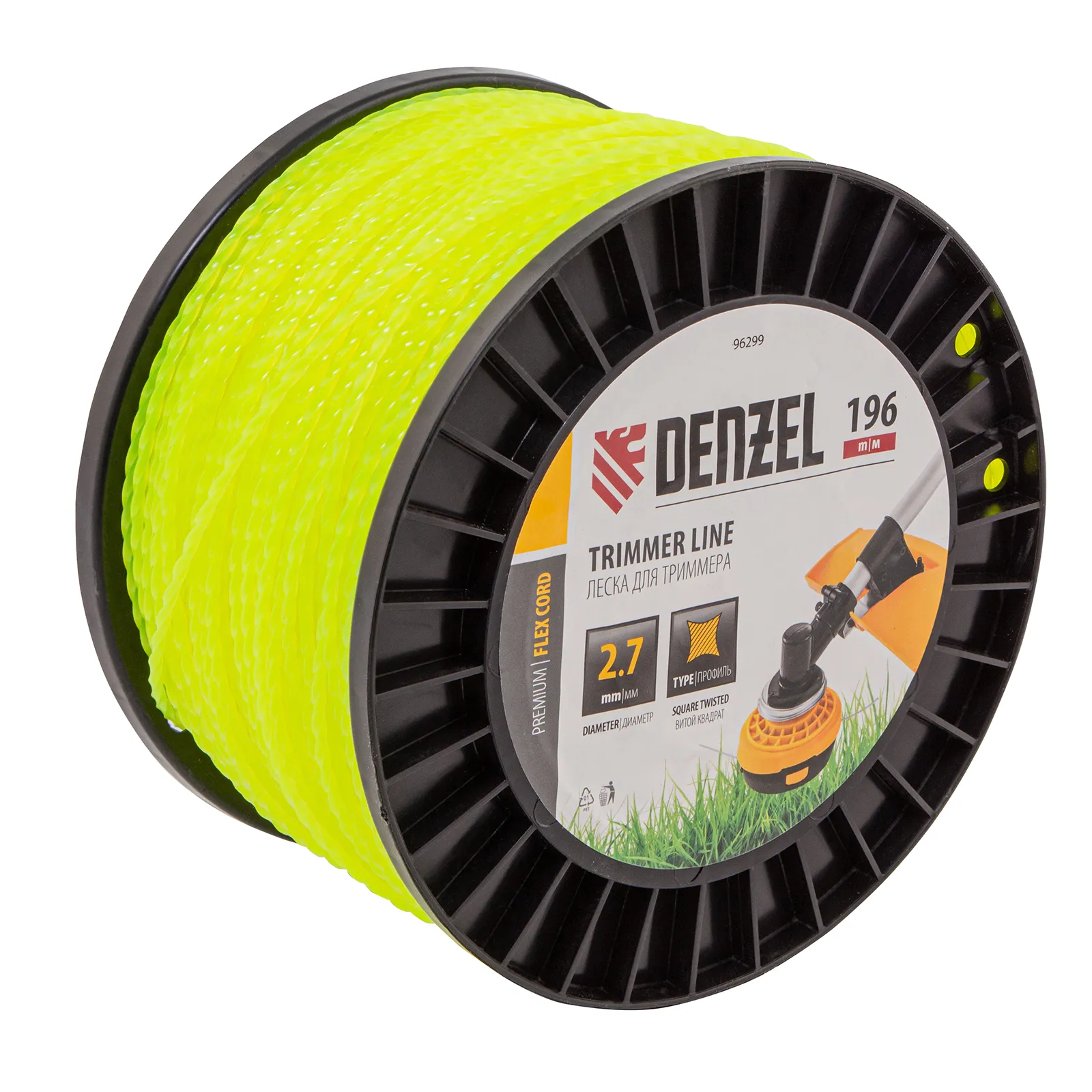 Леска для триммера витой квадрат, 2,7 мм x196 м, на DIN катушке FLEX CORD Denzel Denzel 96299