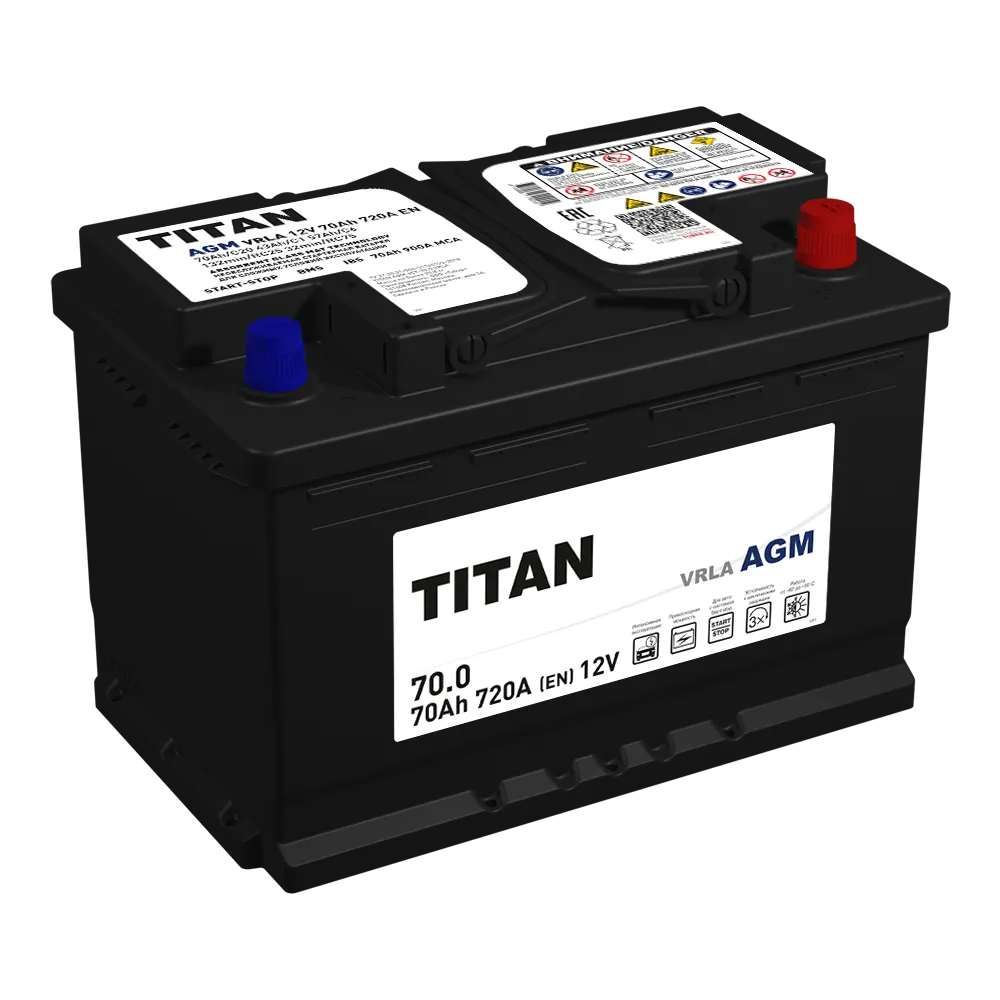 Аккумулятор TITAN AGM Stop&Go 70 А/ч Обратная R+ 278x175x190 EN720 A