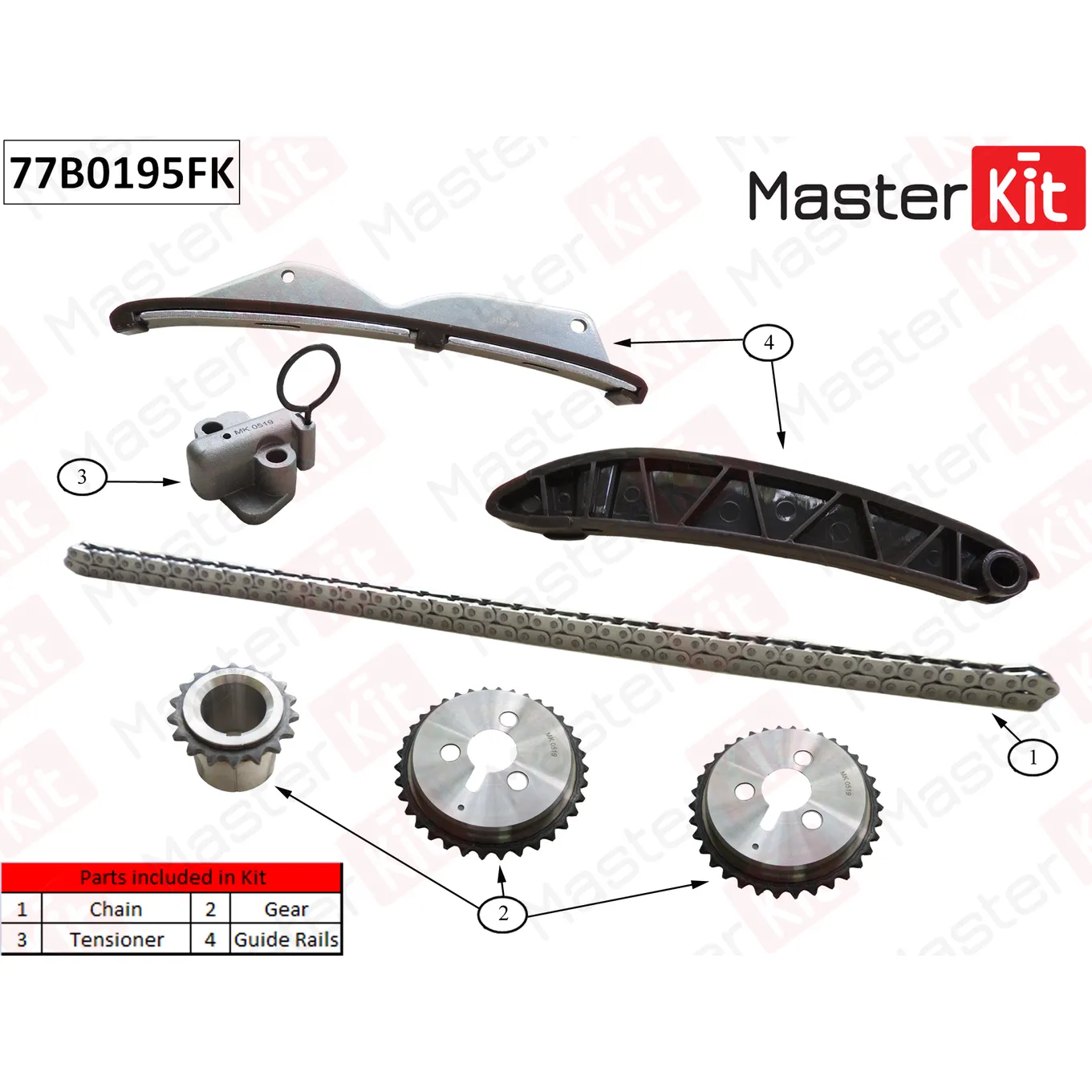 Комплект цепи ГРМ Chevrolet Aveo/Spark/Kalos 1.2i B10/B12 05- MASTERKIT 77B0195FK