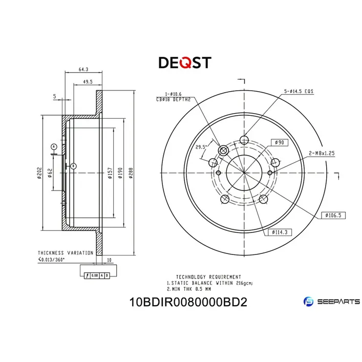 Диск тормозной, задний LEXUS RX300/330/350 03- DEQST 10BDIR0080000