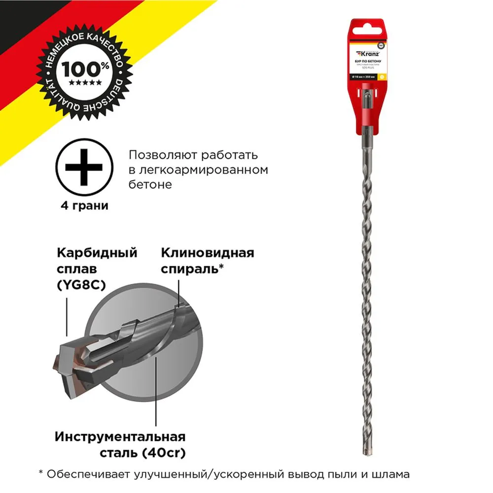 Бур по бетону 10x350x290 мм крестовая пластина SDS PLUS Kranz KR-91-0825
