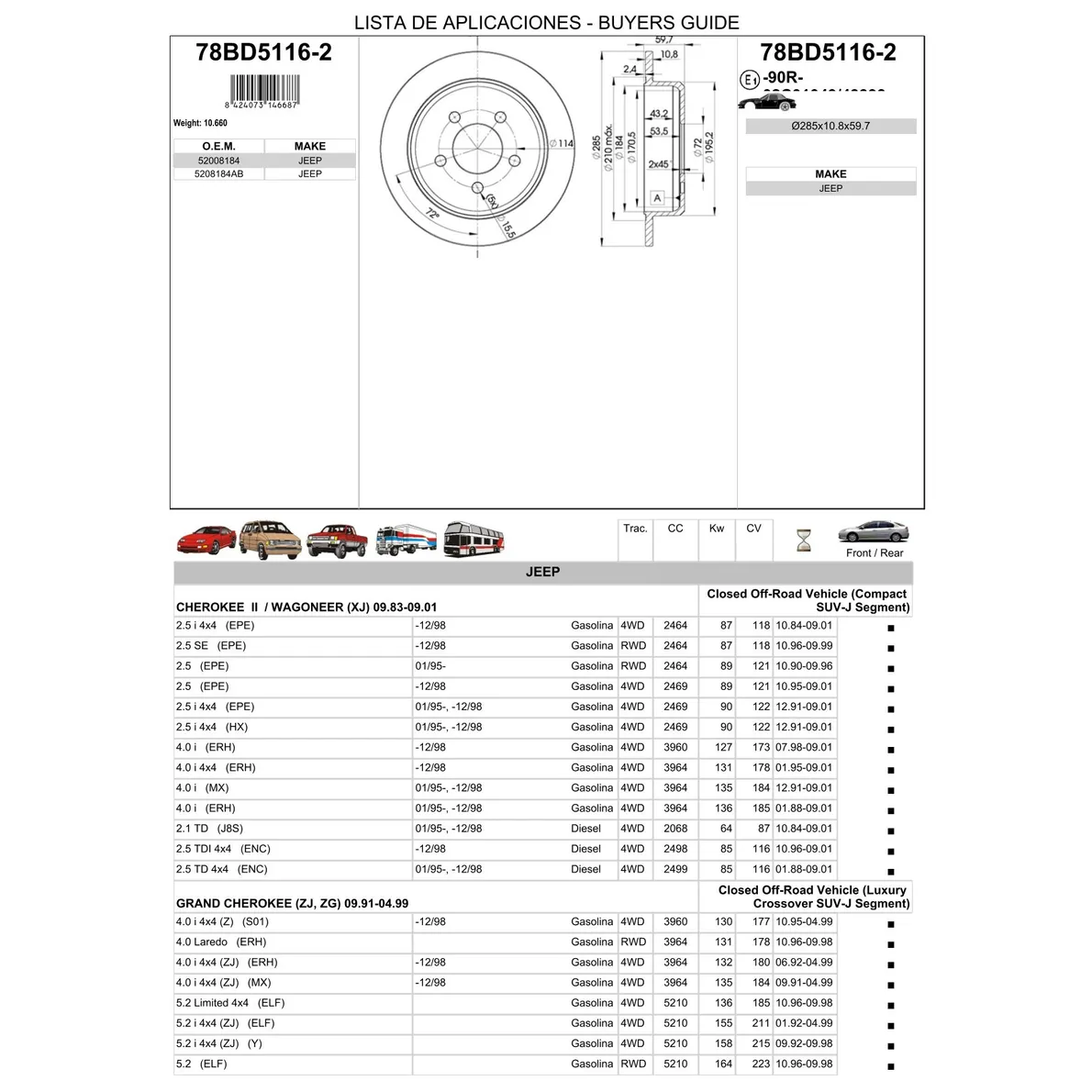 Диск тормозной задний JEEP GRAND CHEROKEE/WRANGLER I/II /D=285MM ICER 78BD5116-2