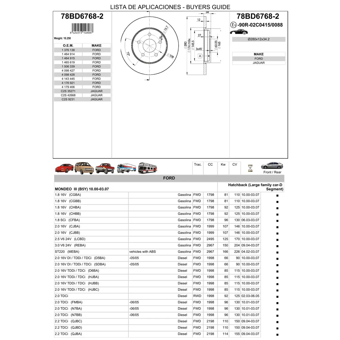 Диск тормозной задний FORD MONDEO ICER 78BD6768-2