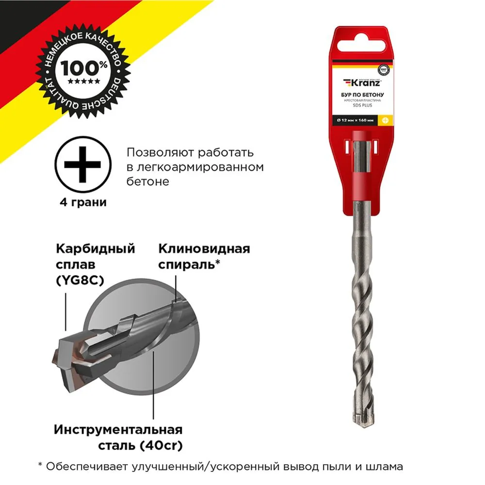 Бур по бетону 12x160x100 мм крестовая пластина SDS PLUS Kranz Kranz KR910821