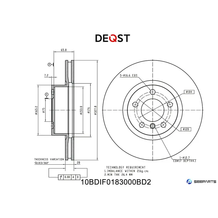 Диск тормозной, BMW X3 (F25) 10->,X4 (F26) 14-> DEQST 10BDIF0183000