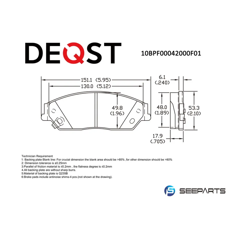 Колодки тормозные, передние TOYOTA CAMRY V40 06-/V50 11-/LEXUS ES 240/350 06- DEQST 10BPF00042000