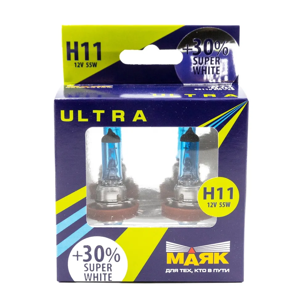 Лампа 12V H11 55W +30% PGJY19-2 Маяк Ультра Super White 2 шт. картон 82110SW+30