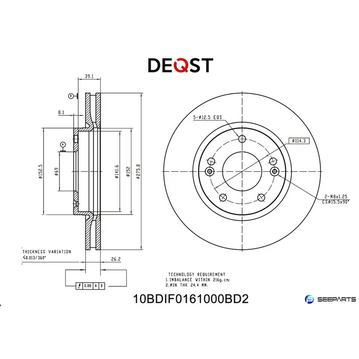 Диск тормозной, передний HYUNDAI SANTA FE (SM) 01-/ TRAJET 00- DEQST 10BDIF0161000