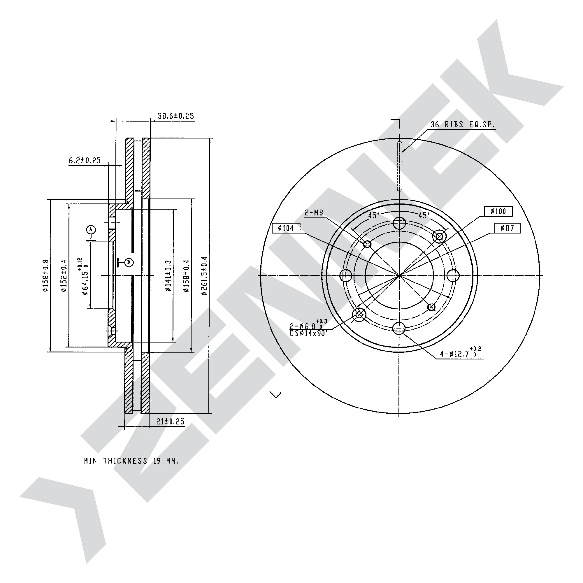 Диск тормозной передний HONDA CITY 08-15, CIVIC 87-06 (2 шт) ZENNEK DBD0117