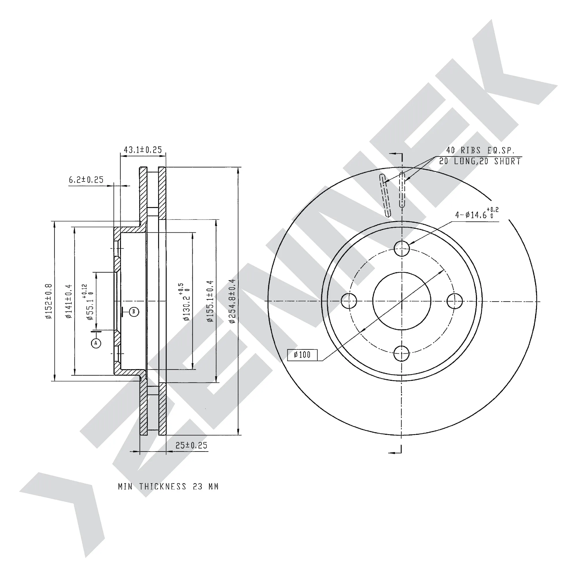 Диск тормозной передний TOYOTA COROLLA 01-08, PRIUS 00-03 (2 шт) ZENNEK DBD0235