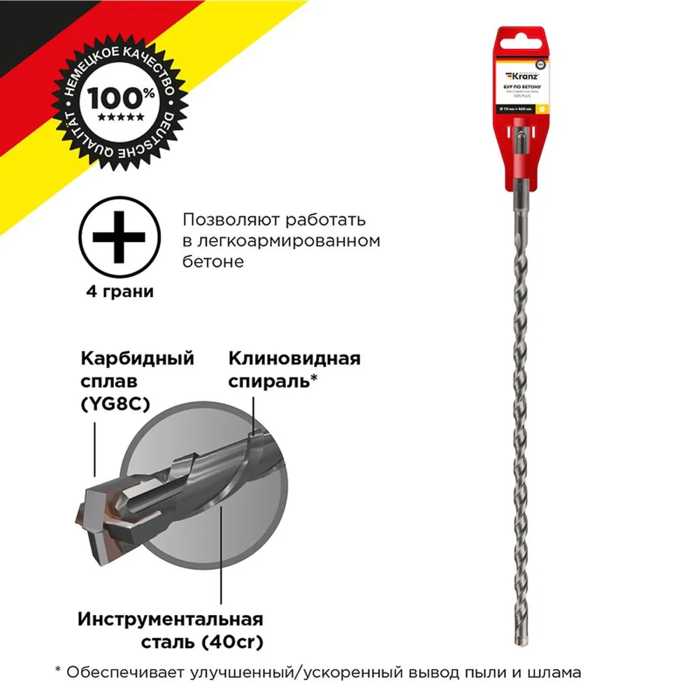 Бур по бетону 10x460x400 мм крестовая пластина SDS PLUS Kranz KR-91-0826