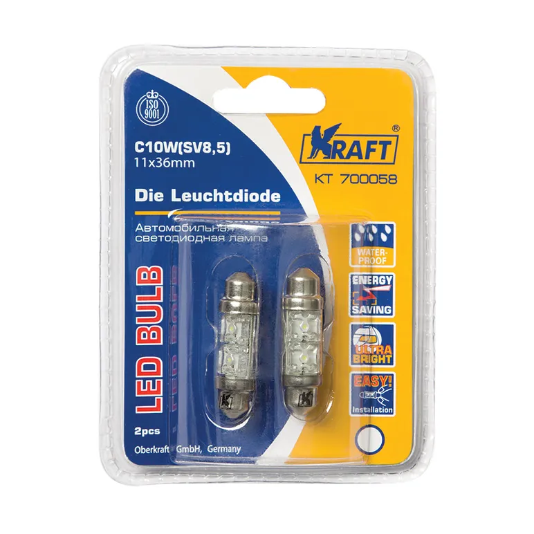Лампа светодиодная 12V C10W 10W SV8,5-8 KRAFT 2 шт. картон KT700058