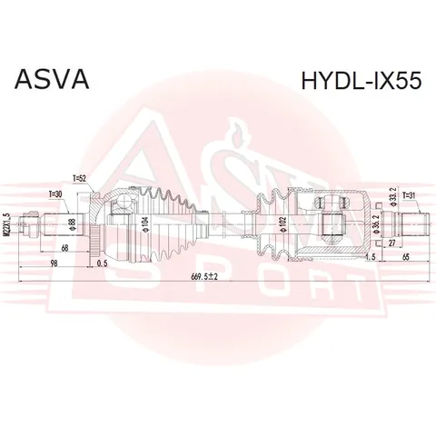 Привод передний левый 27x683x30 ASVA HYDLIX55
