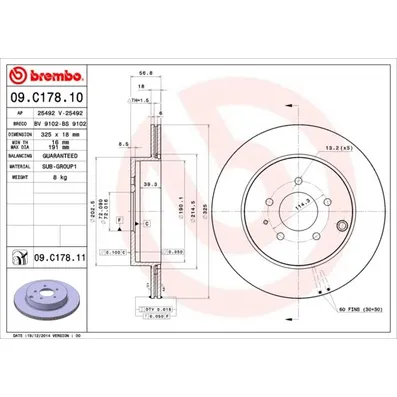 Диск тормозной MAZDA CX-7/CX-9 07- задний вент.D=325 мм. BREMBO 09.C178.11