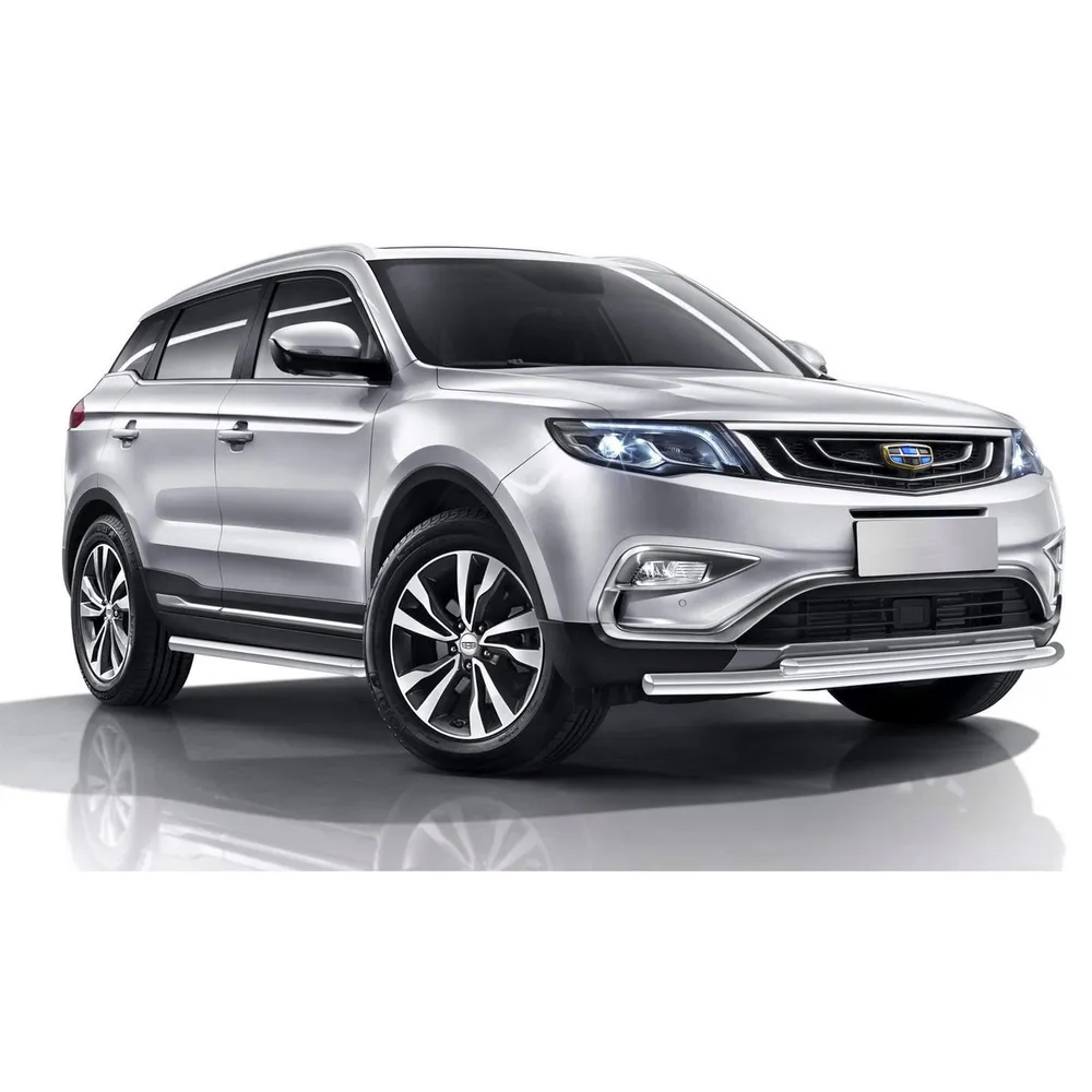 Защита переднего бампера d57+d42 Rival для Geely Atlas I 2018-н.в., нерж. сталь, R.1904.001