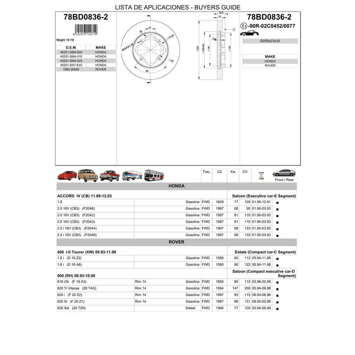 Диск тормозной передний HONDA ACCORD IV-VI / CIVIC V-VI ICER 78BD0836-2