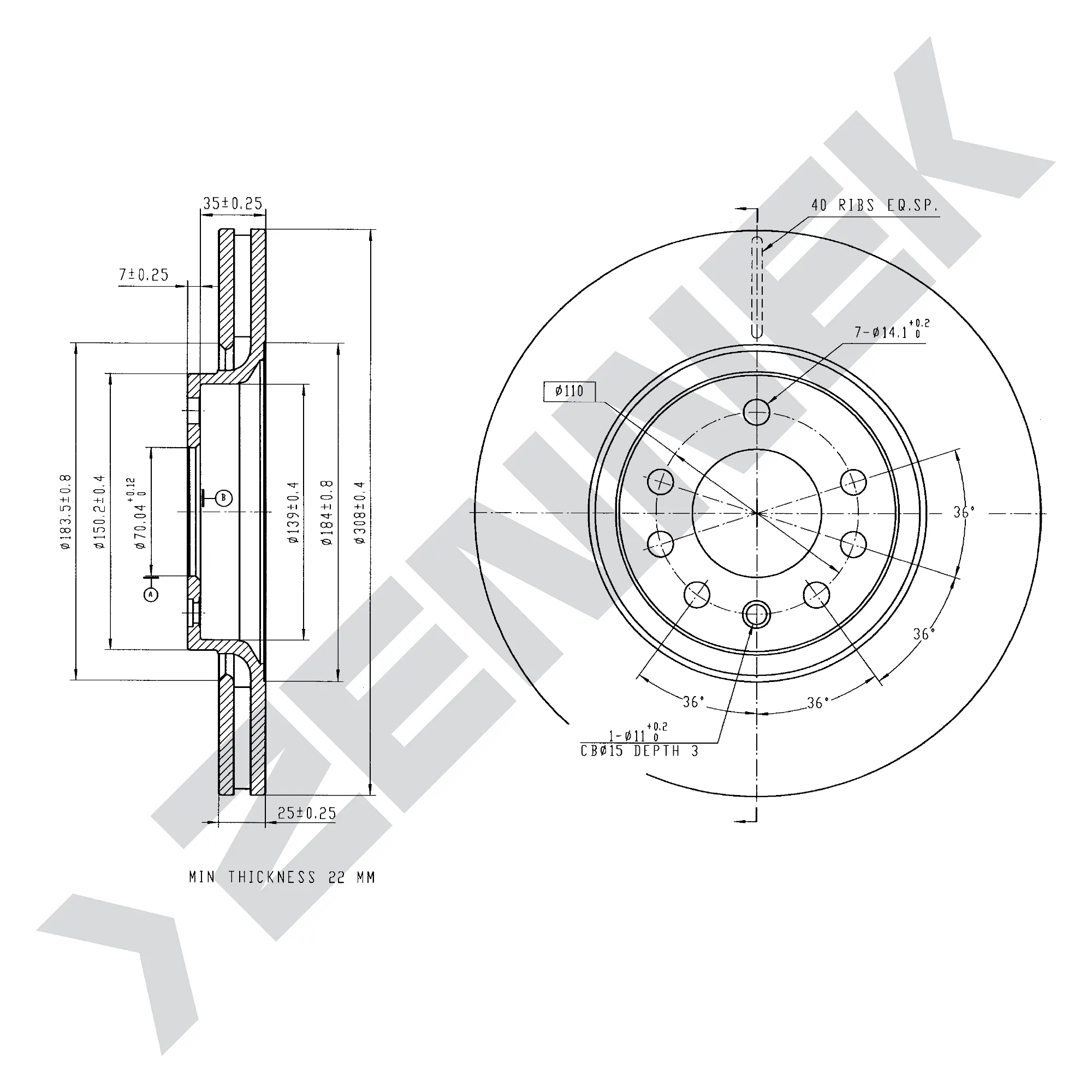 Диск тормозной передний OPEL ASTRA G 98-09, ASTRA H 04-14 (2 шт) ZENNEK DBD0187