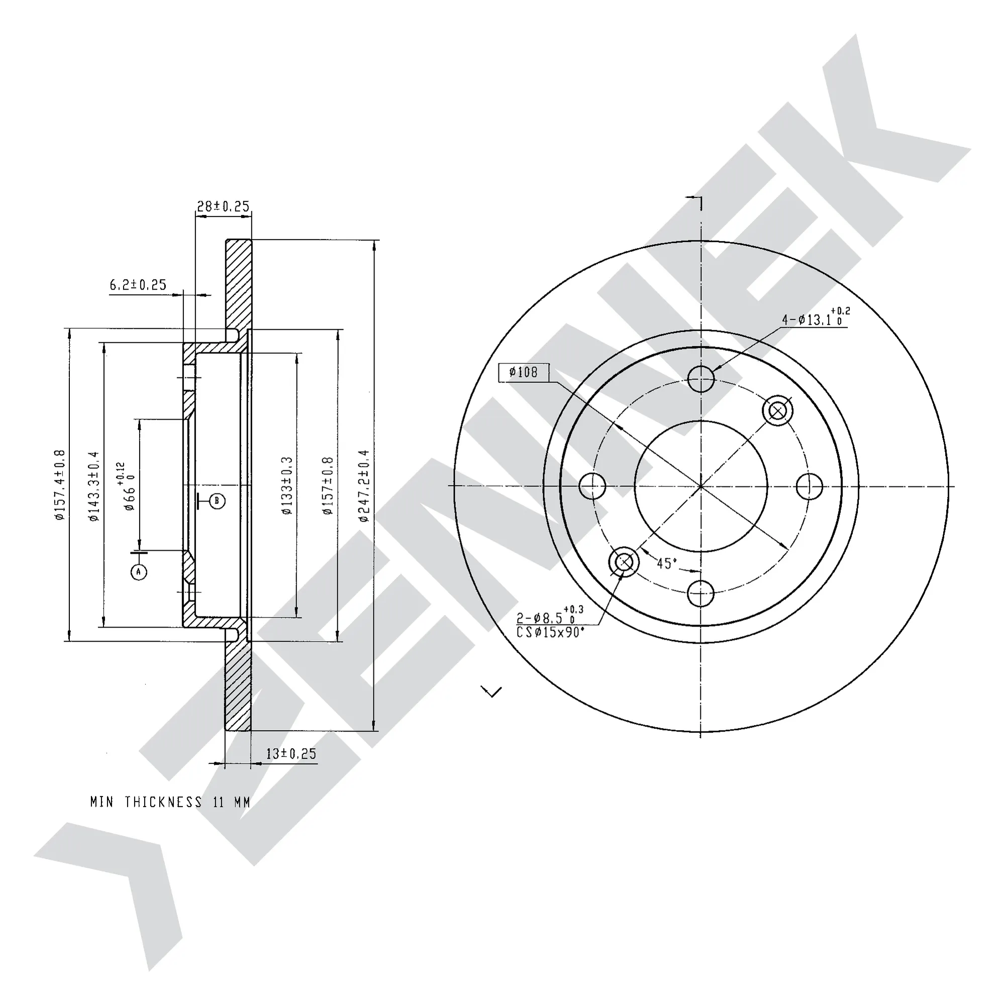 Диск тормозной передний CITRON XSARA 97-10, PEUGEOT 206 02-(2 шт) ZENNEK DBD0107