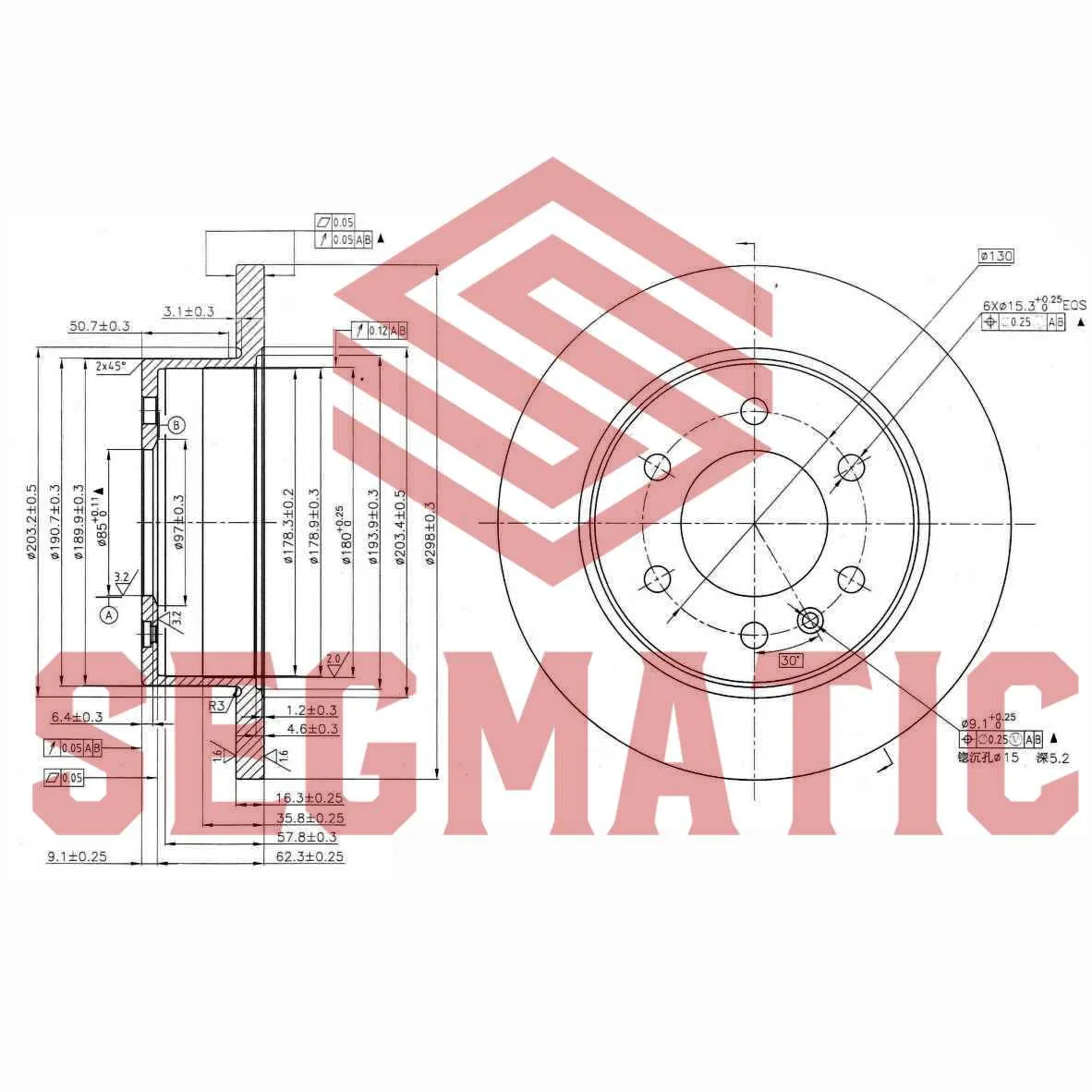 Диск тормозной задний MERCEDES-BENZ SPRINTER 06-; VW CRAFTER 06- 298X16X6мм; SEGMATIC SBD30093470
