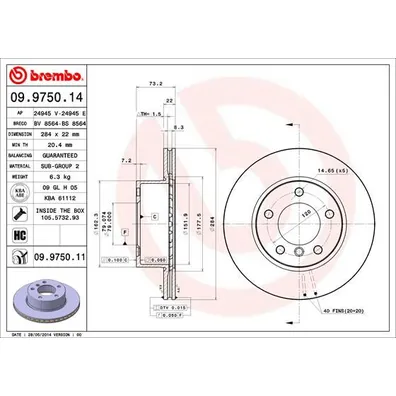 Диск тормозной передний 284MM вентилируемый окрашенный BREMBO 09975011