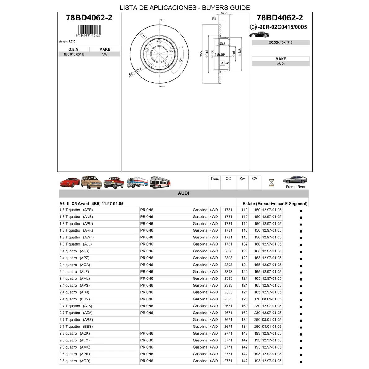 Диск тормозной задний AUDI A6/ALLROAD ALL 97-05 /D=255MM ICER 78BD4062-2