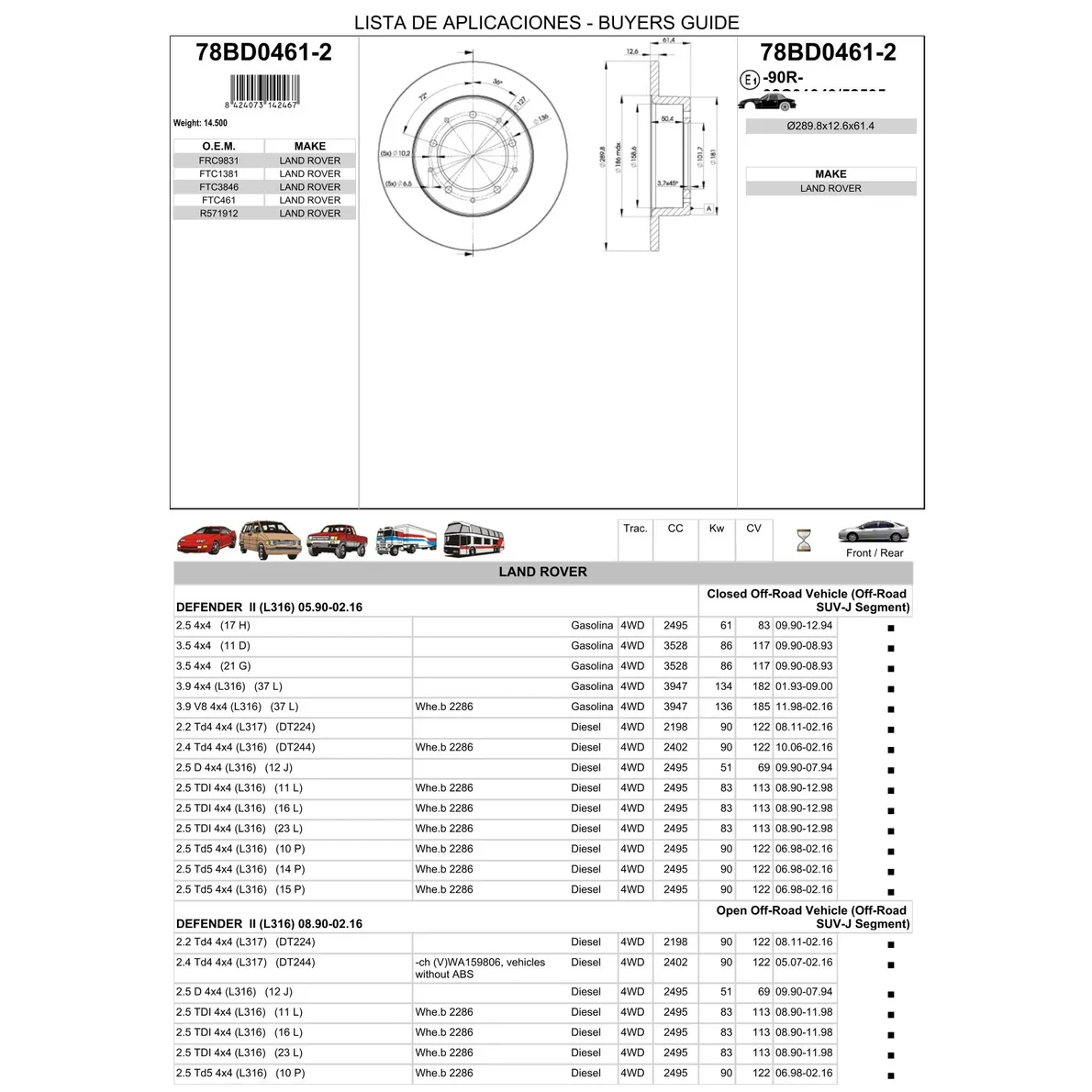 Диск тормозной задний LAND ROVER DEFENDER 90/110/RR II /D== 290MM ICER 78BD0461-2