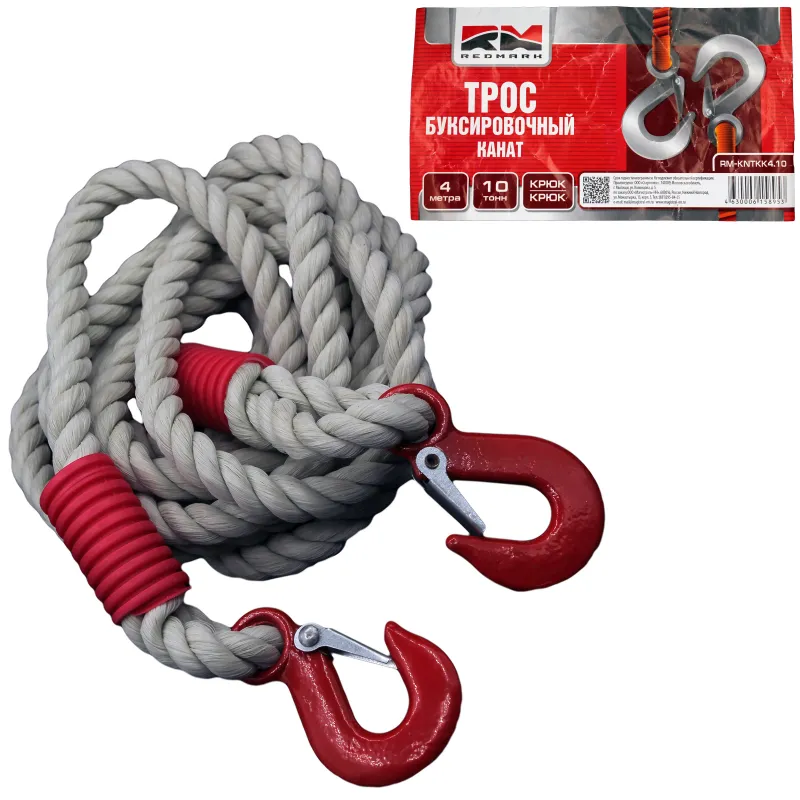 Трос буксировочный канат (4 м 10 т.) крюк/крюк RedMark REDMARK RMKNTKK410