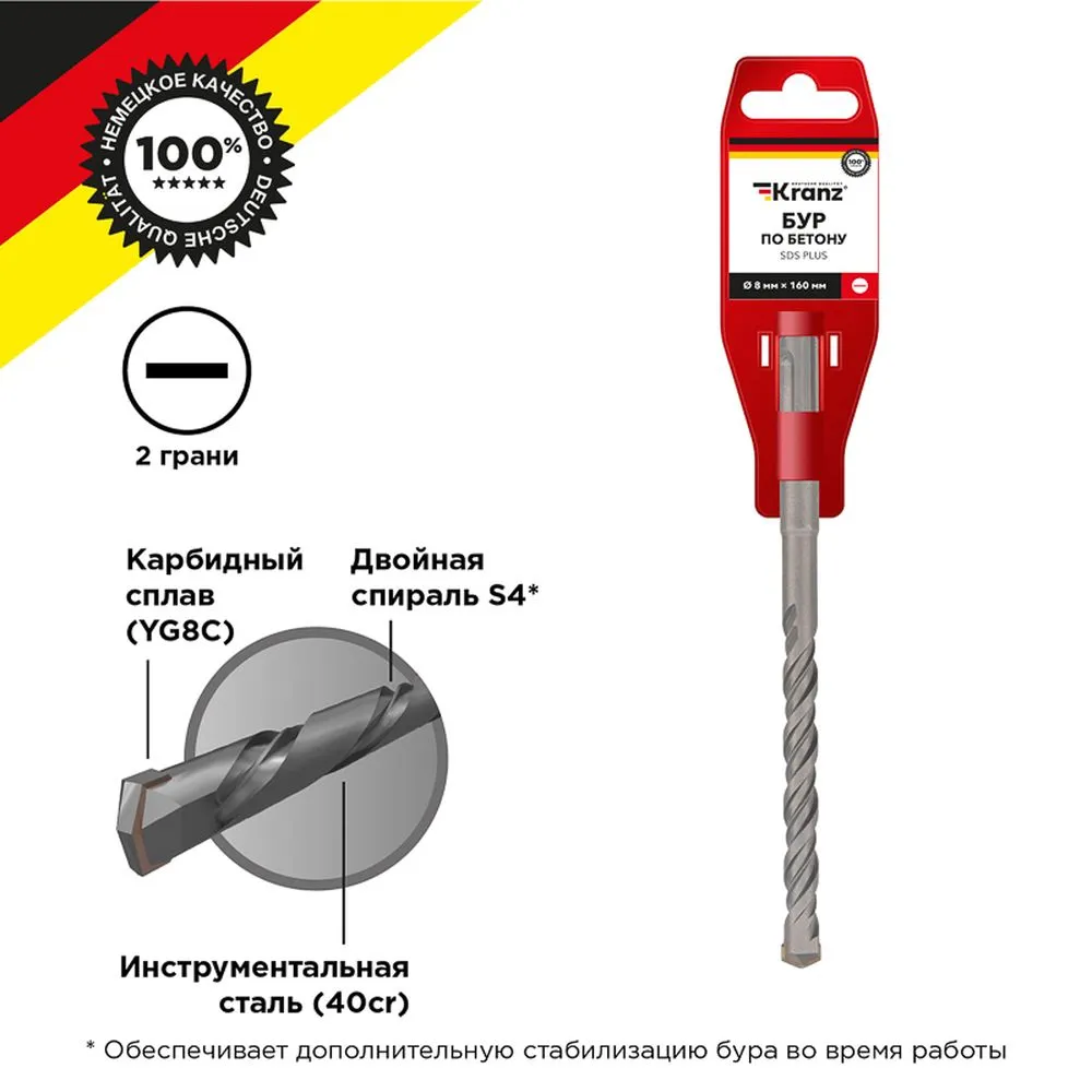 Бур по бетону 8x160x100 мм SDS PLUS Kranz KR-91-0012