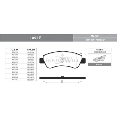 Колодки тормозные дисковые передние, комплект CITROEN BERLINGO (2 ШПП) GOODWILL 1052F