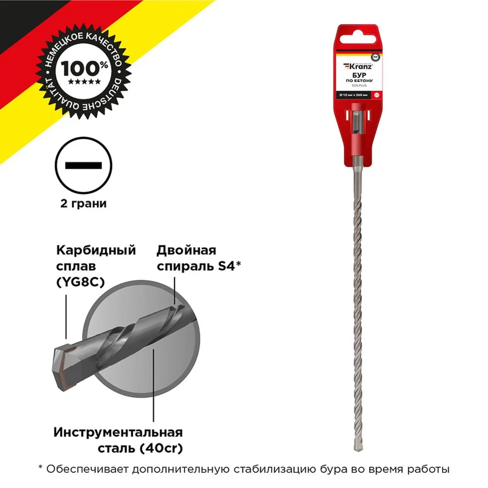 Бур по бетону 12x260x200 мм SDS PLUS Kranz Kranz KR-91-0816