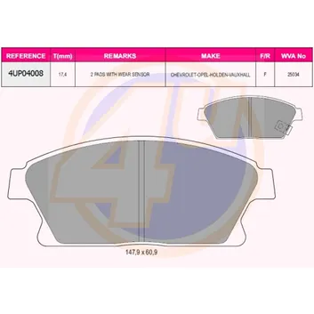 Колодки передние CHV CRUZE 09-/ ORLANDO 11-/ OPL ASTRA J 09-/ ASTRA SPORT TOUER 10-/ ZAFIRA C 11-( с 2 датчик) 4U 4UP04008