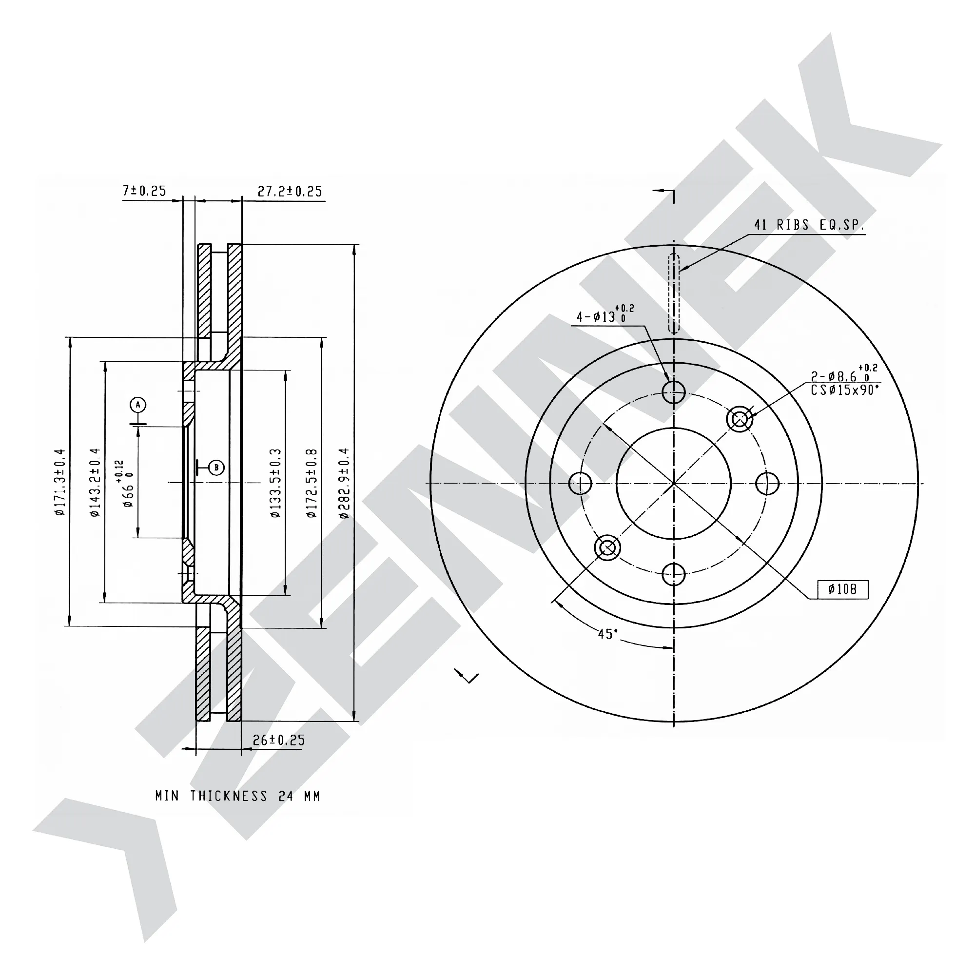 Диск тормозной передний PEUGEOT 1007 05-, 2008 13-(2 шт) ZENNEK DBD0006