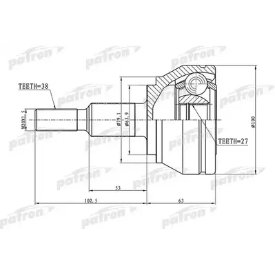 ШРУС наружный 38x63.9x27 VW: TOUAREG 02- PATRON PCV1633
