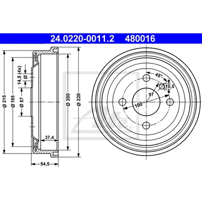 Барабан тормозной OPEL Astra F / Kadett D / Kadett E ATE 24.0220-0011.2