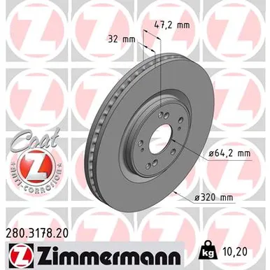 Диск тормозной передний HONDA ACCORD VIII/IX 08-> ZIMMERMANN 280.3178.20
