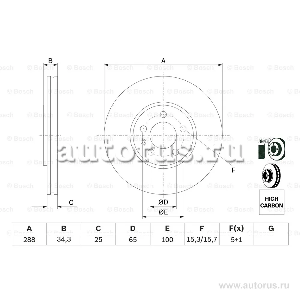 Диск тормозной AUDI A3/VOLKSWAGEN G4/SKODA FABIA передний вент. BOSCH 0986478867