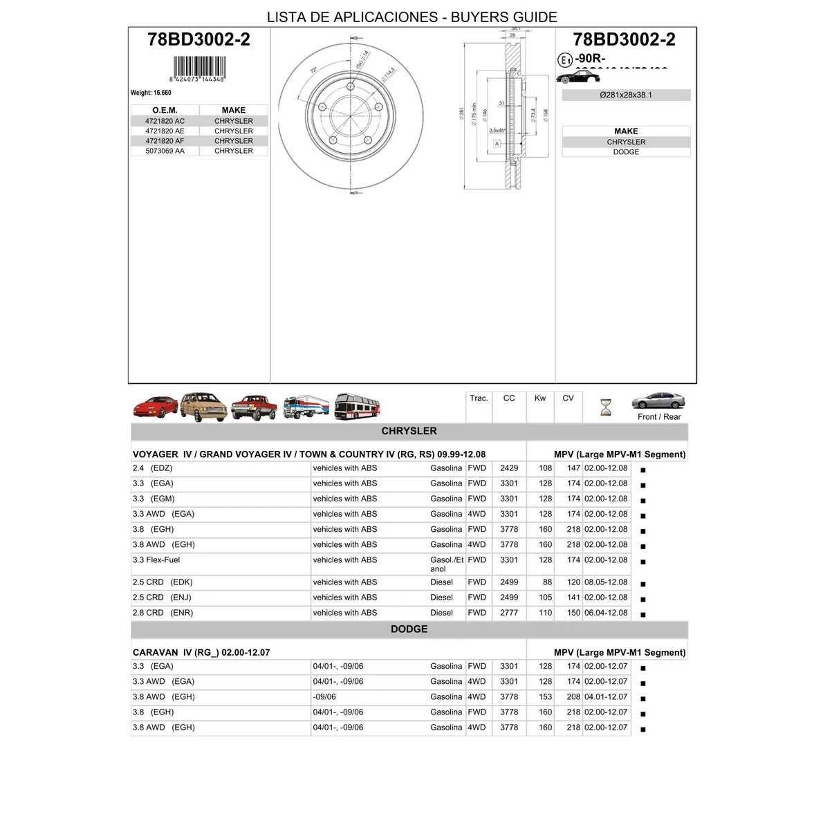 Диск тормозной передний DODGE CARAVAN/CHRYSLER VOYAGER 00-> /VENT.D=281MM ICER 78BD3002-2