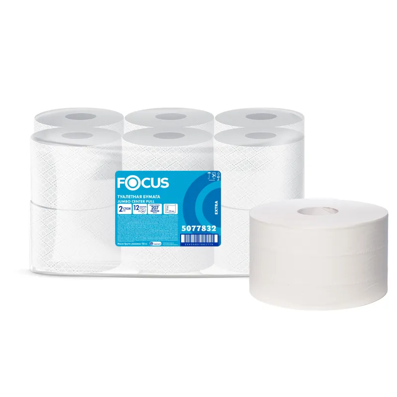 Бумага туалетная д/дисп Focus Jumbo Premium 2сл белцел207м 12рул/уп 5077832 1594285