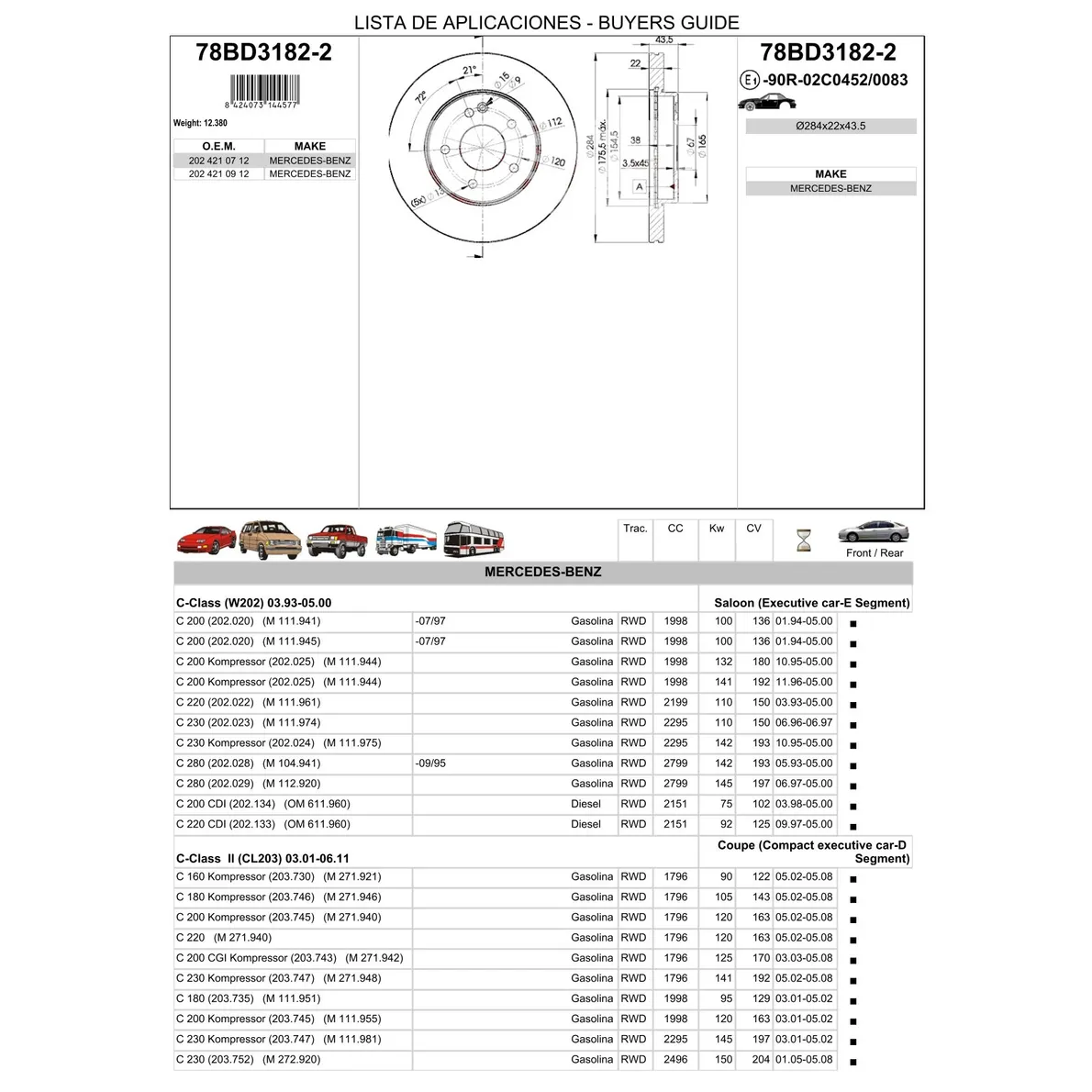 Диск тормозной передний MB W202 /VENT D=284MM ICER 78BD3182-2