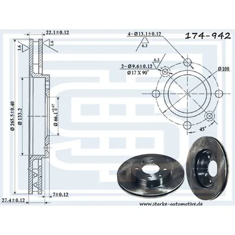 Диск тормозной передний CITRON BERLINGO/C3 II / PEUGEOT 206-208/2008/307 266X22 STARKE 174-942