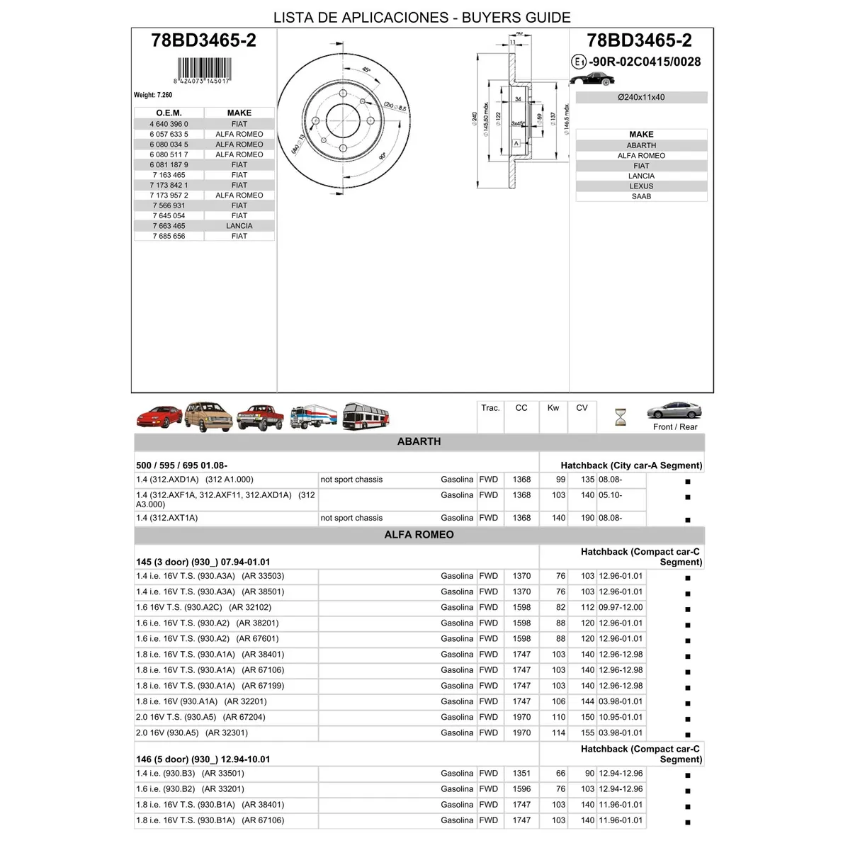 Диск тормозной передний FIAT/ALFA/LANCIA/LADA ICER 78BD3465-2