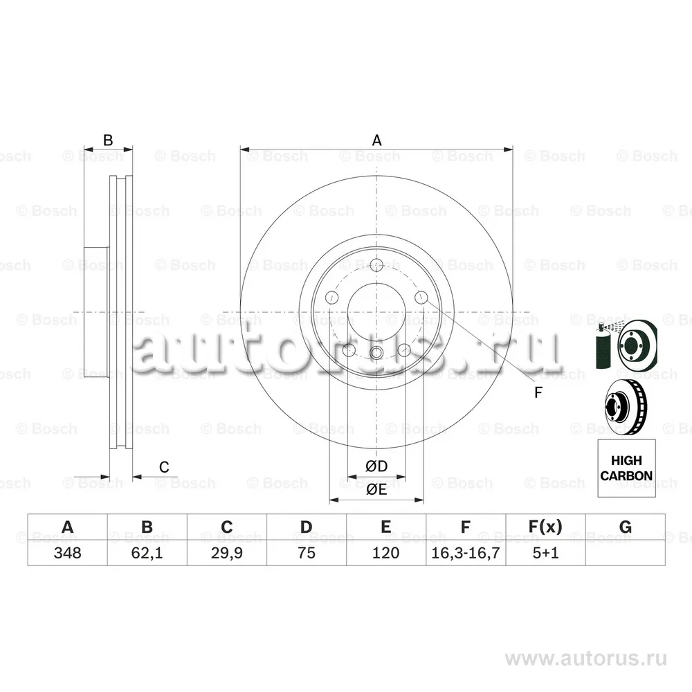 Диск тормозной передний вентилируемый 348X30 5 отверстий BOSCH 0986479436