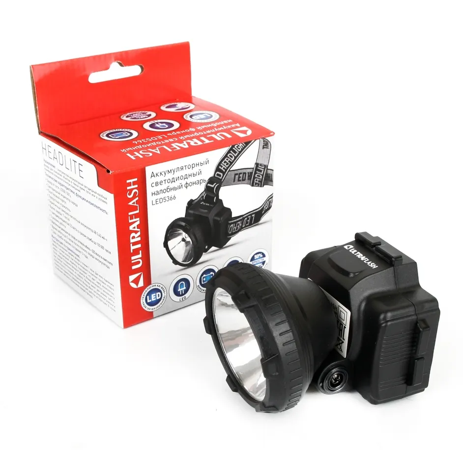 Фонарь налобн аккум 220В, черный, 0,5 Ватт LED, 2 реж, пласт, бокс ULTRAFLASH LED5366