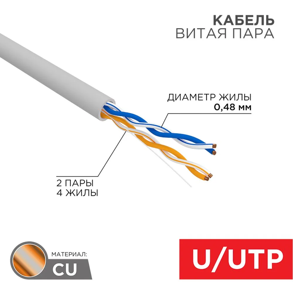 Кабель витая пара U/UTP, CAT 5e, PVC, 2PR, 24AWG, INDOOR, SOLID, серый, 305м, PROconnect 01-0027