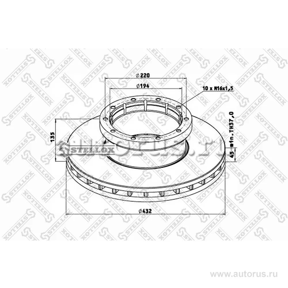 Диск тормозной 432/194X45/135 10N-220 M16X1.5 OMN SETRA 215HD STELLOX 8500753_SX