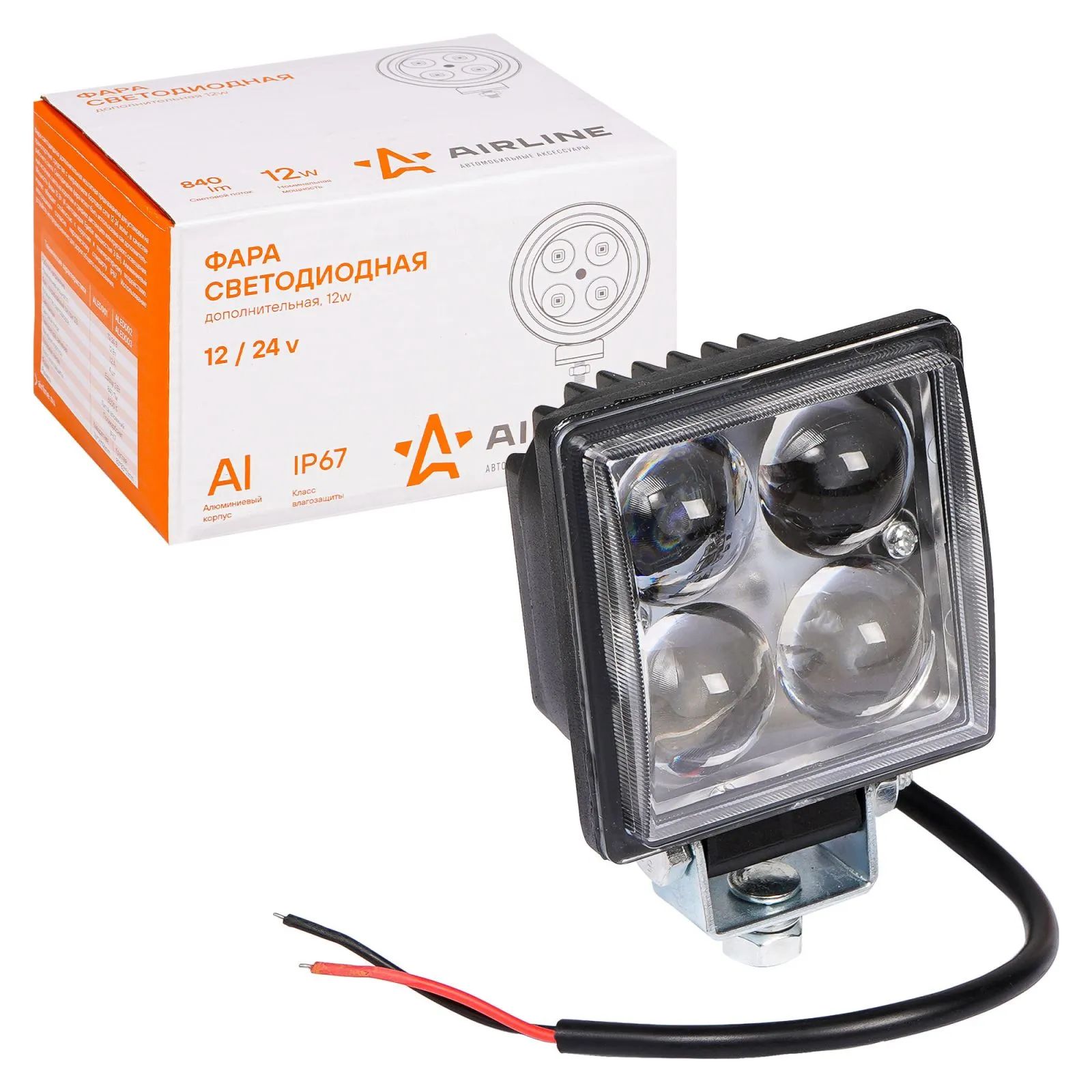 Фара светодиодная квадратная 4LED, направленный свет, 12Вт, 76х76х46мм, 12/24В AIRLINE ALED001